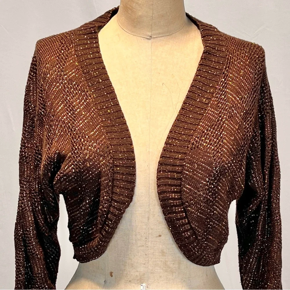 VINTAGE metallic gold bolero knit sweater cropped cardigan dolman sleeve 70s 80s - Picture 6 of 10